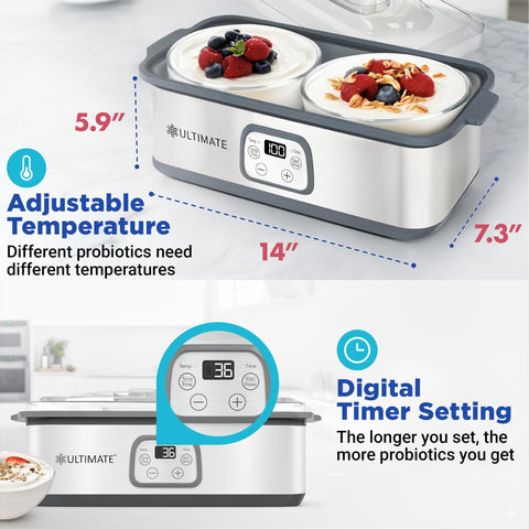 Ultimate Probiotic Yogurt Maker control panel enables precise time and temperature adjustments.