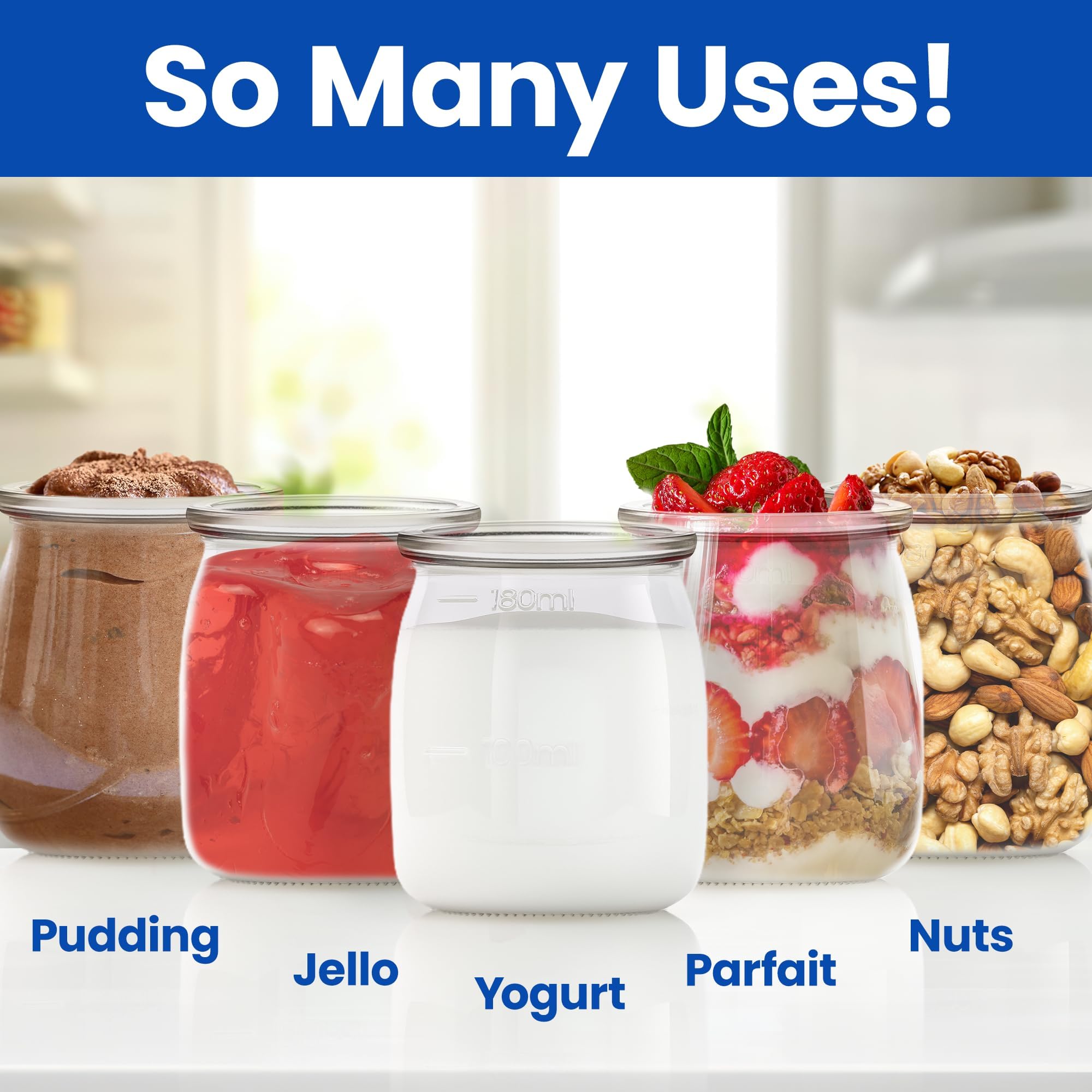 Airtight seal on Ultimate Yogurt Jars keeps snacks fresh and organized.