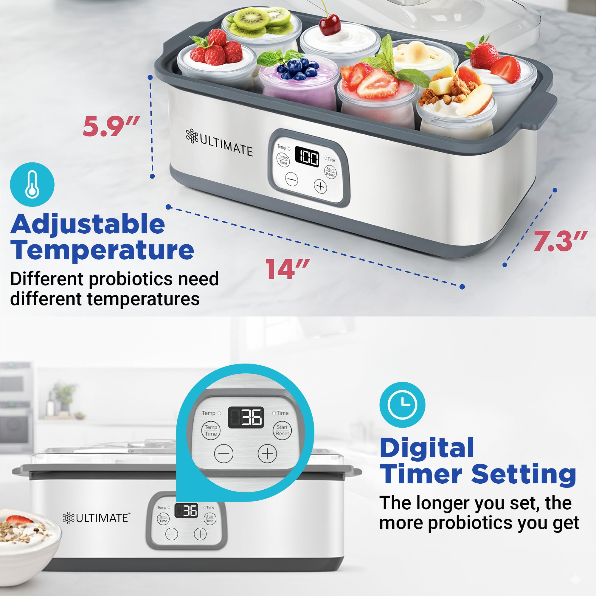 Ultimate Yogurt Maker adjustable temperature for precise probiotic cultures at home.