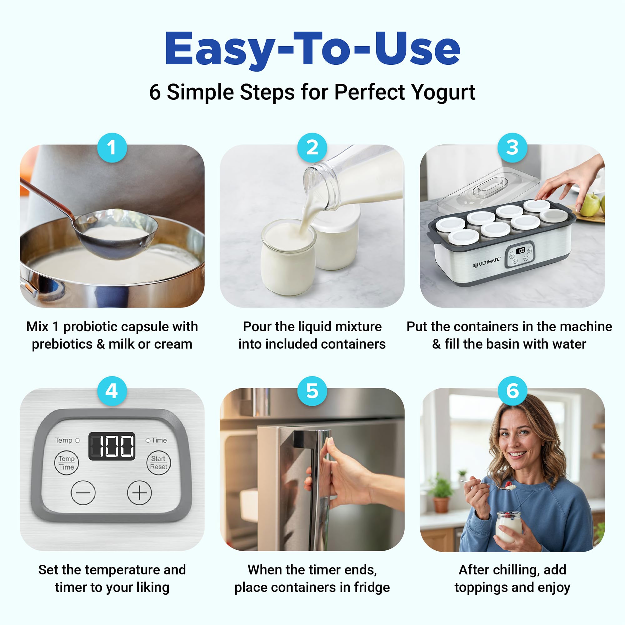 Ultimate Yogurt Maker run time control enables flexible culturing up to 48 hours.