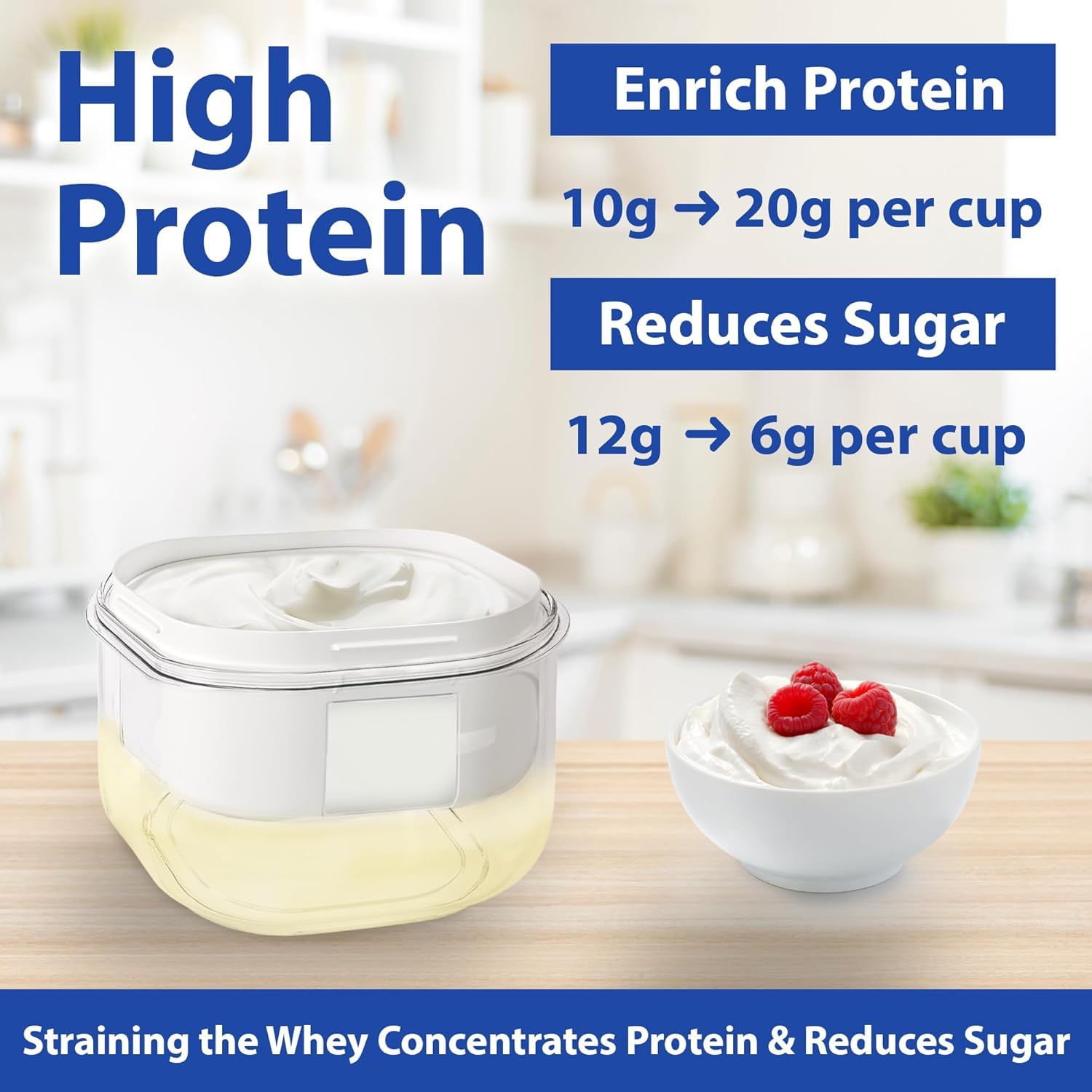 Ultimate Yogurt Strainer demonstrates yogurt with reduced sugar after whey removal.