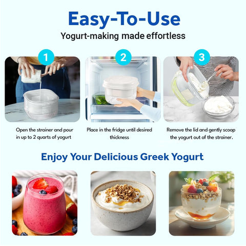 Ultimate Yogurt Strainer yields thick Greek yogurt texture for creamy bowls.