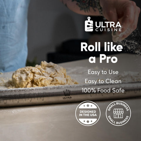 Ultra Cuisine freezable rolling pin keeps dough cold for even rolling.