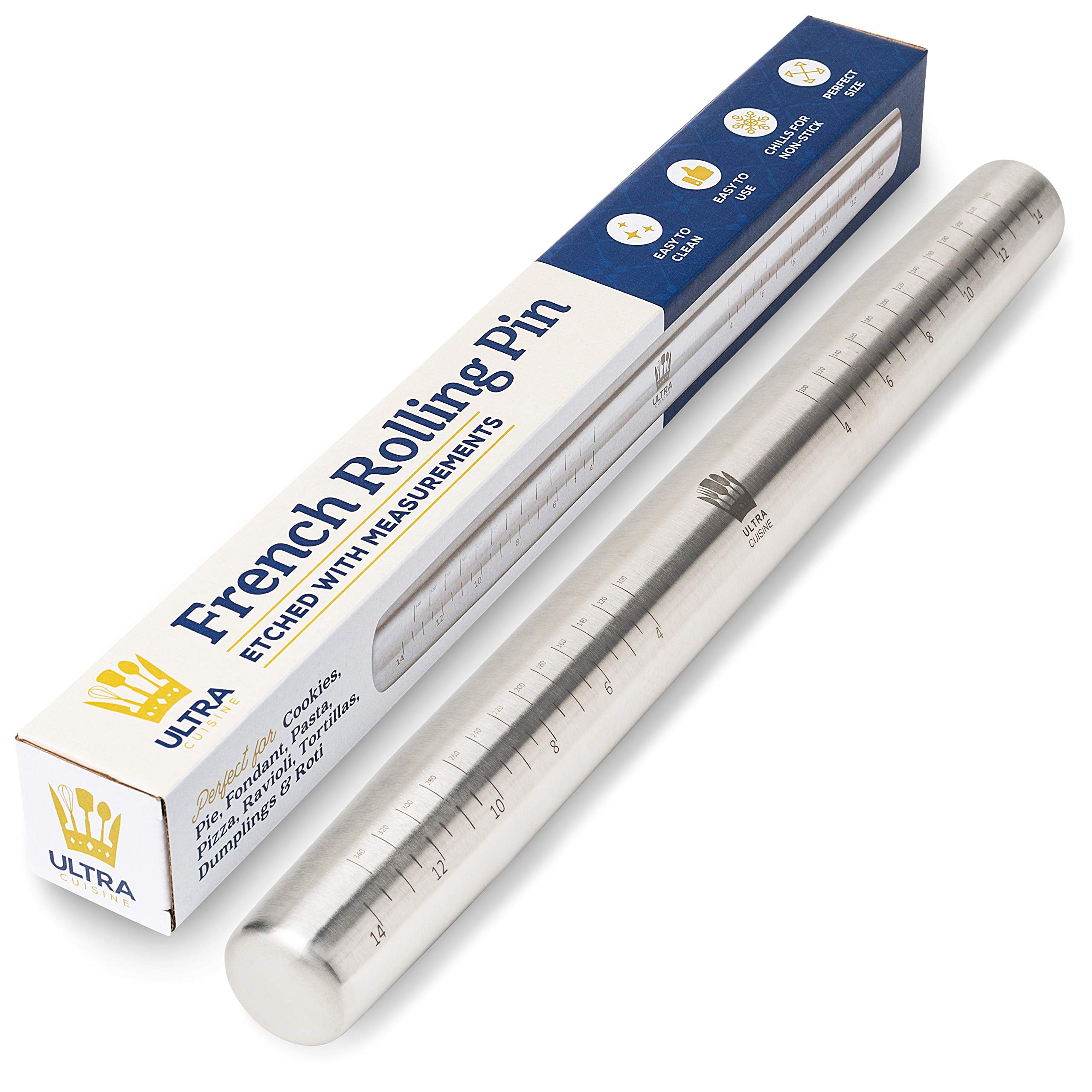 Ultra Cuisine French rolling pin with tapered design for precise dough control.