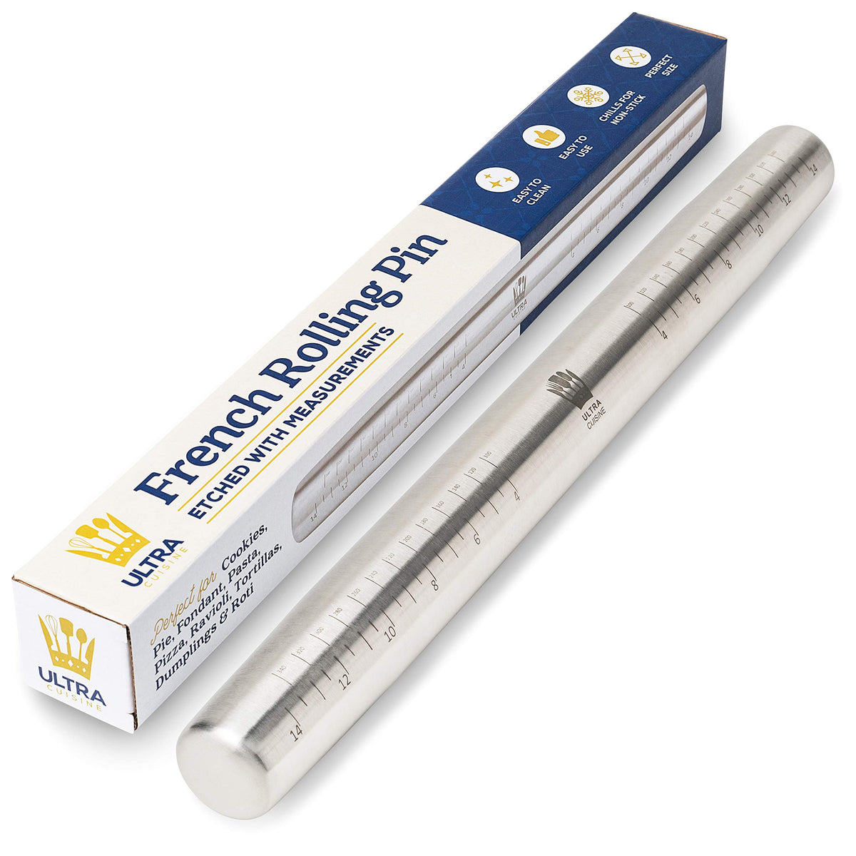 Ultra Cuisine French rolling pin with tapered design for precise dough control.