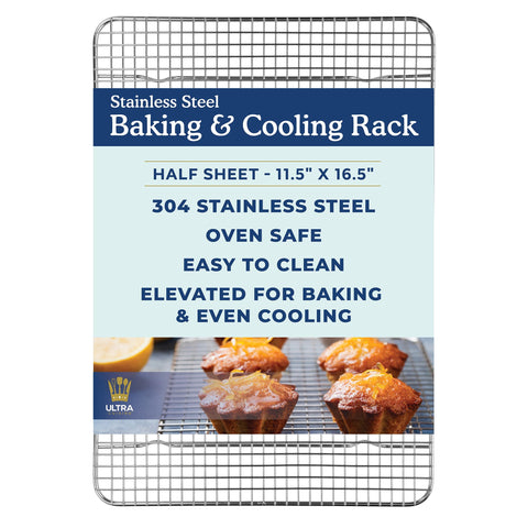 Ultra Cuisine heavy-duty cooling rack with 11.5x16.5 in grid for even airflow.