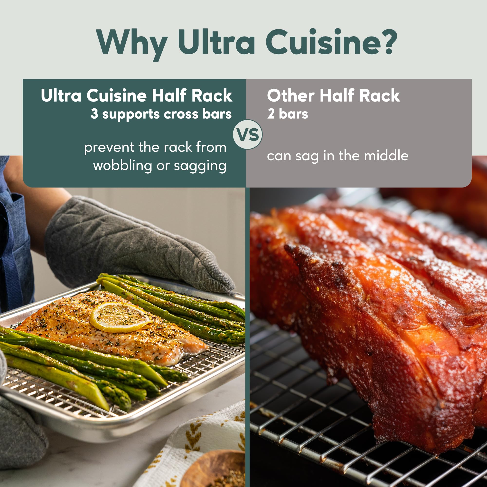 Ultra Cuisine rack supports oven use up to 575°F for versatile cooking.