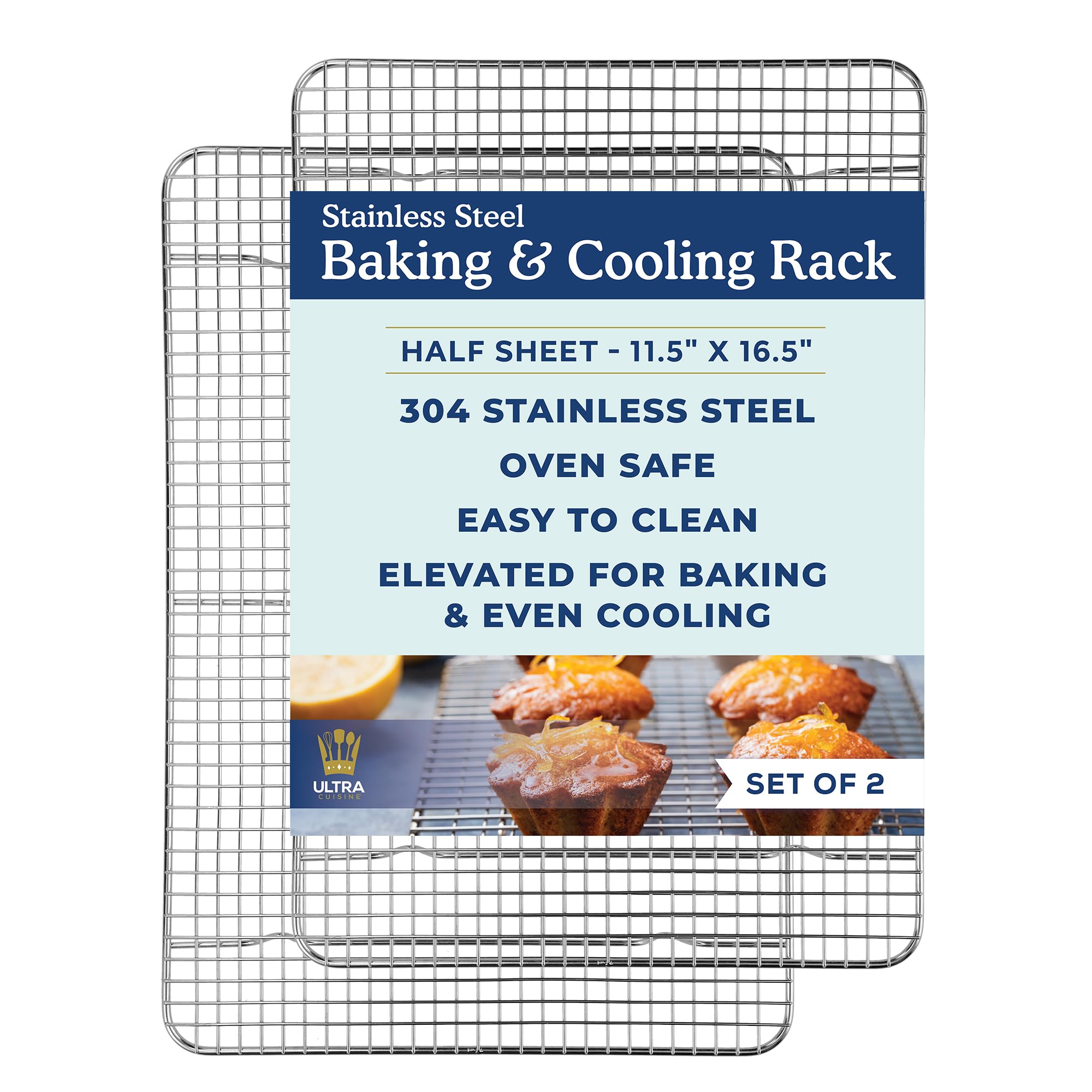 Ultra Cuisine oven-safe cooling rack shown for even half-sheet pan cooling