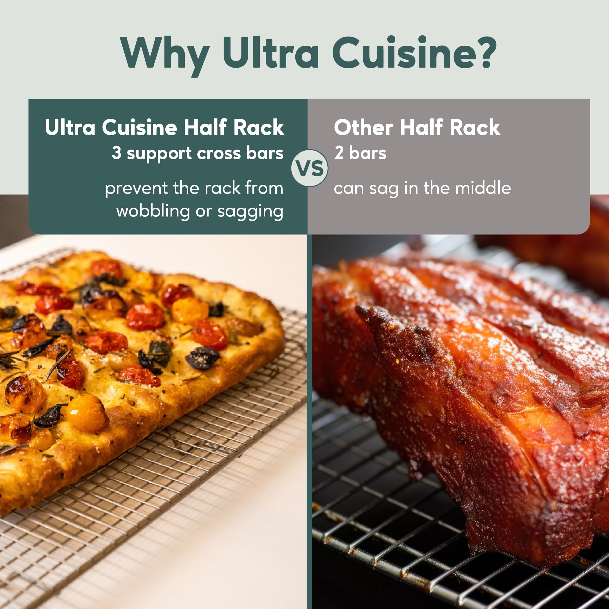 Ultra Cuisine oven-safe rack withstands up to 575°F for versatile cooking.