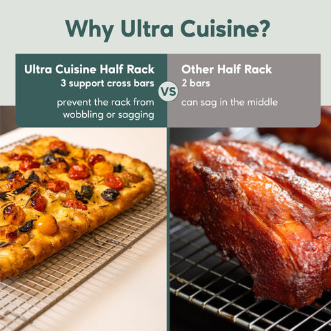 Ultra Cuisine oven-safe rack withstands up to 575°F for versatile cooking.