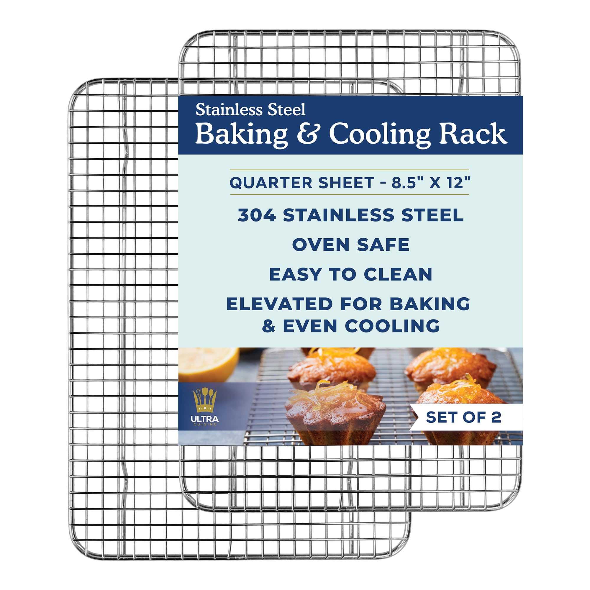 Ultra Cuisine oven-safe cooling rack set front view highlighting 1 inch height for improved airflow.