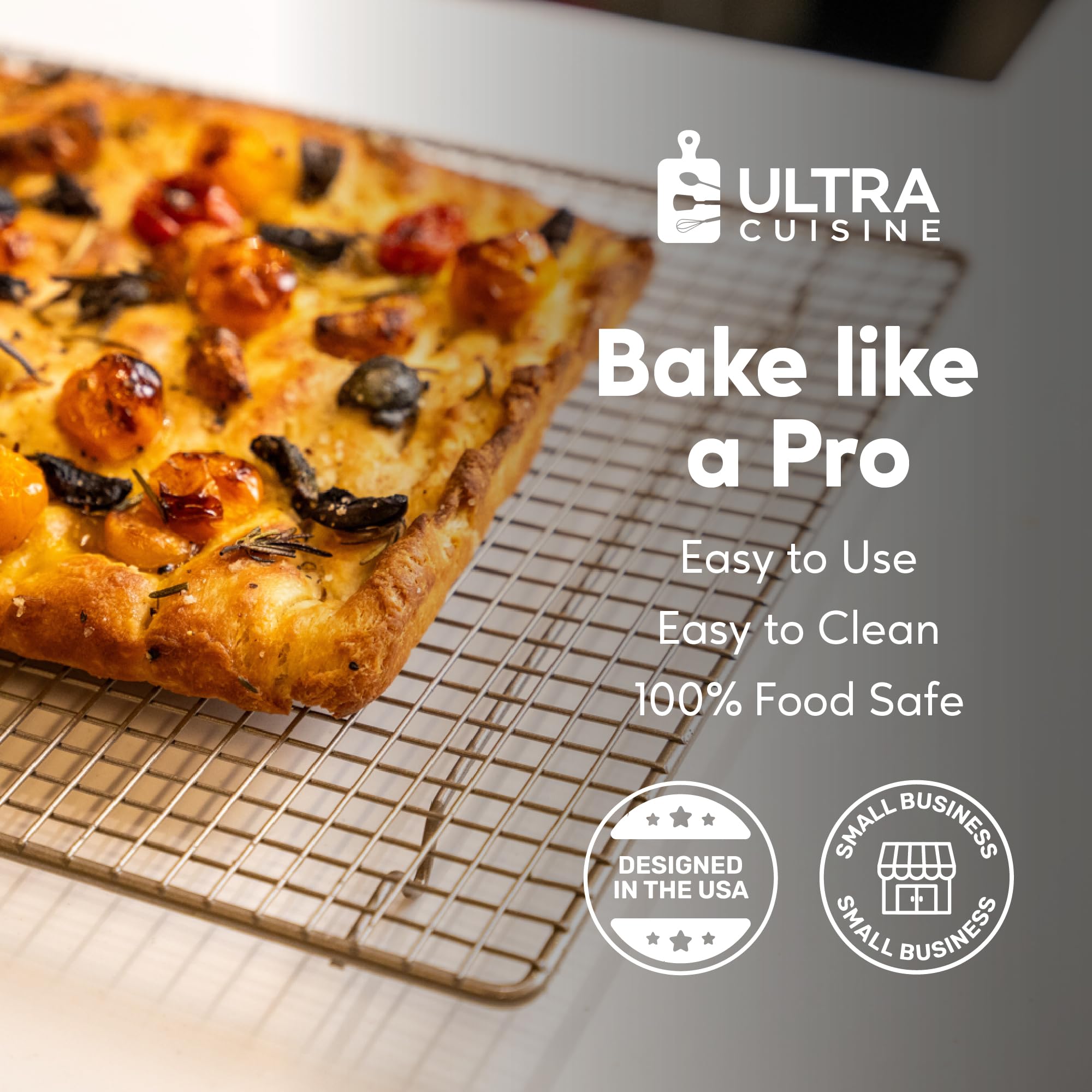 Ultra Cuisine quarter-sheet compatible rack fits 13x9 pans for baking.