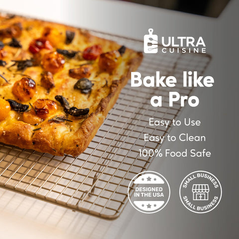 Ultra Cuisine quarter-sheet compatible rack fits 13x9 pans for baking.