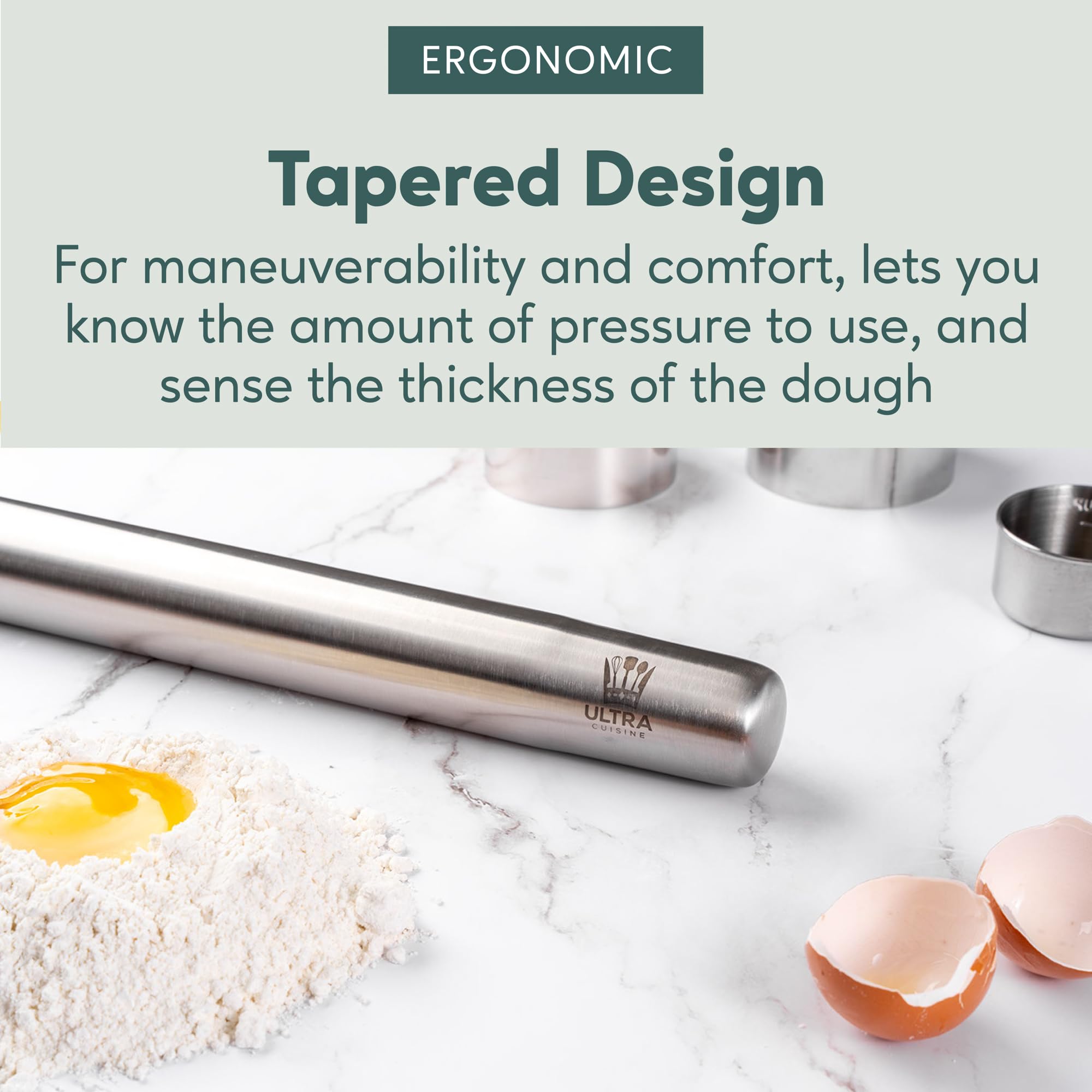 Ultra Cuisine rolling pin 1.5 inch diameter for consistent results.
