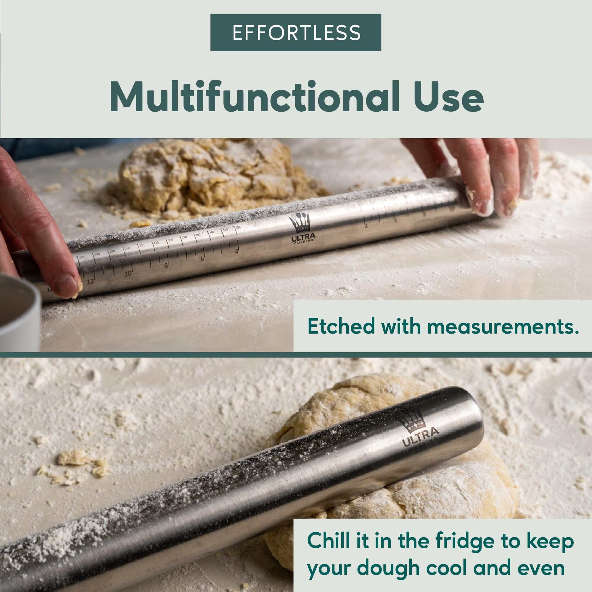 Ultra Cuisine rolling pin ideal for pizza dough, pastries, and cookies.