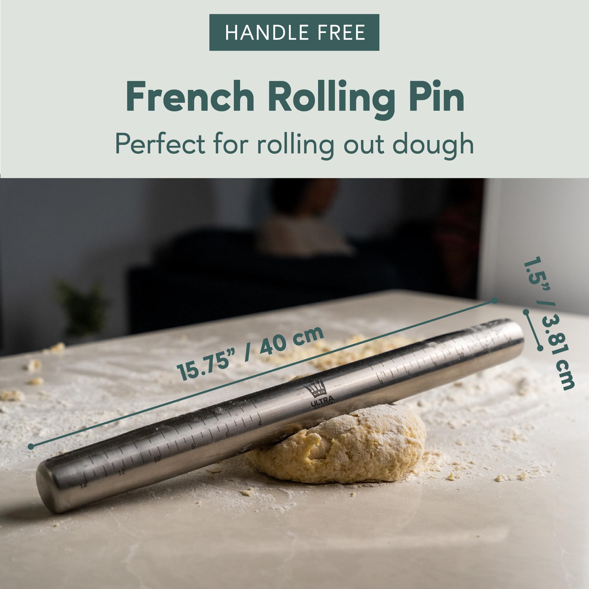 Ultra Cuisine stainless steel rolling pin with nonstick surface for smooth dough.