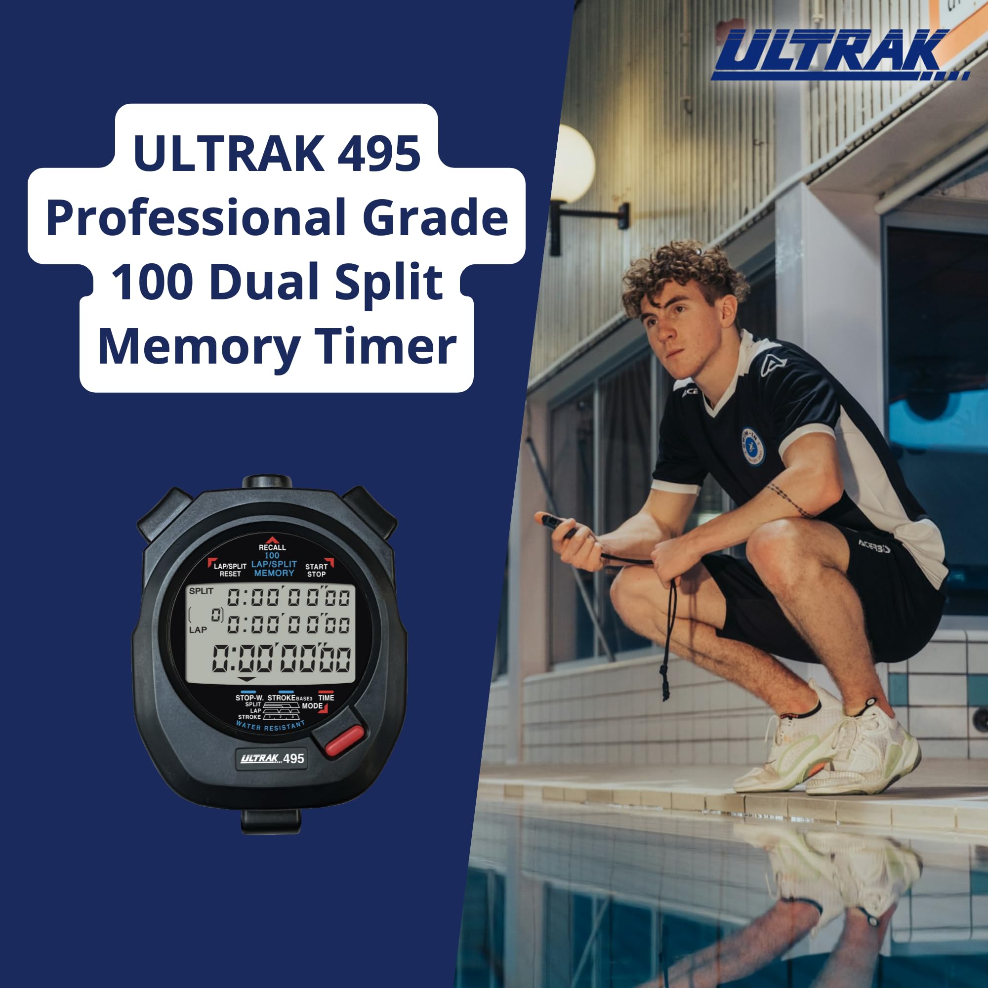 Ultrak timer side view highlighting rugged body and splash resistance.