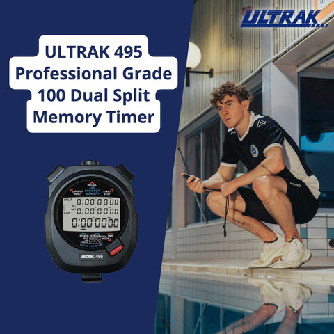 Ultrak timer side view highlighting rugged body and splash resistance.