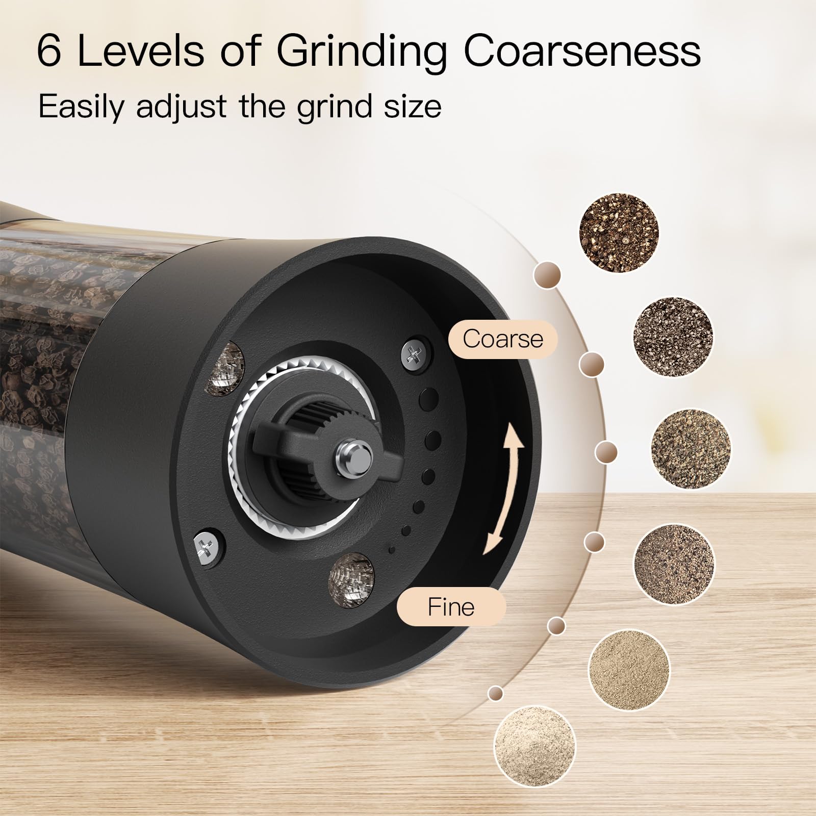Ultrean grinder with six settings and ceramic core for consistent texture.