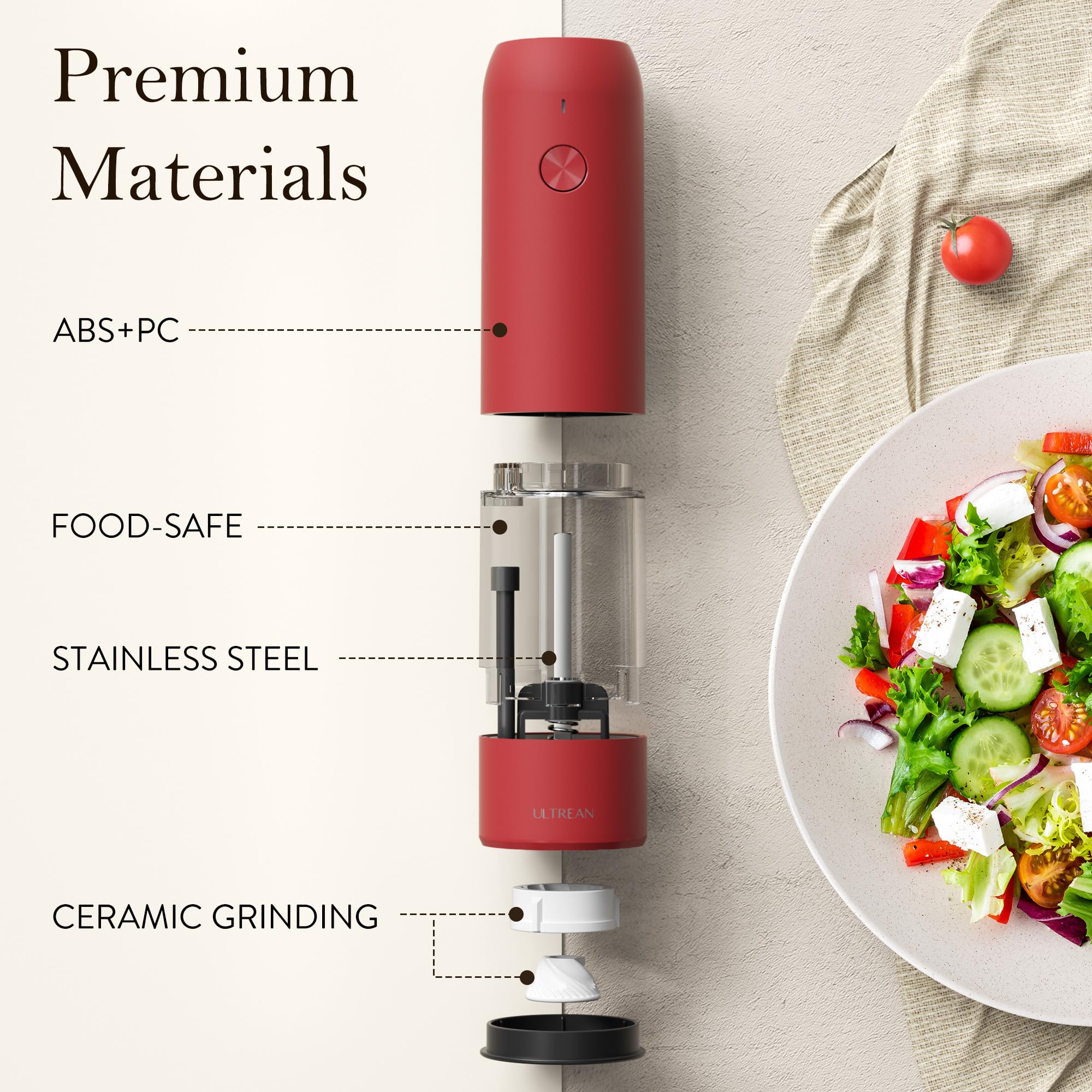 Ultrean pepper grinder in one-handed use on a kitchen counter.