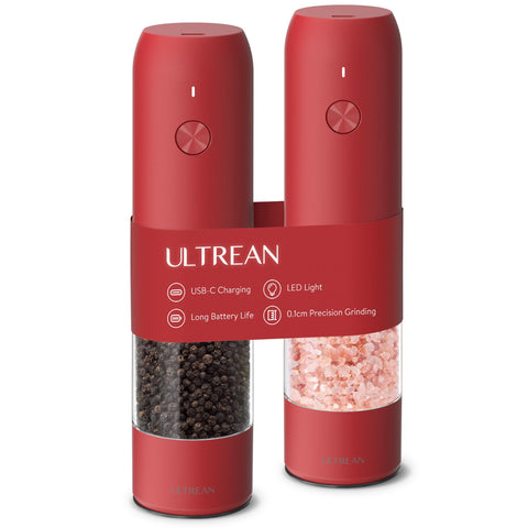 Ultrean electric pepper grinder with red LED light for precise seasoning.
