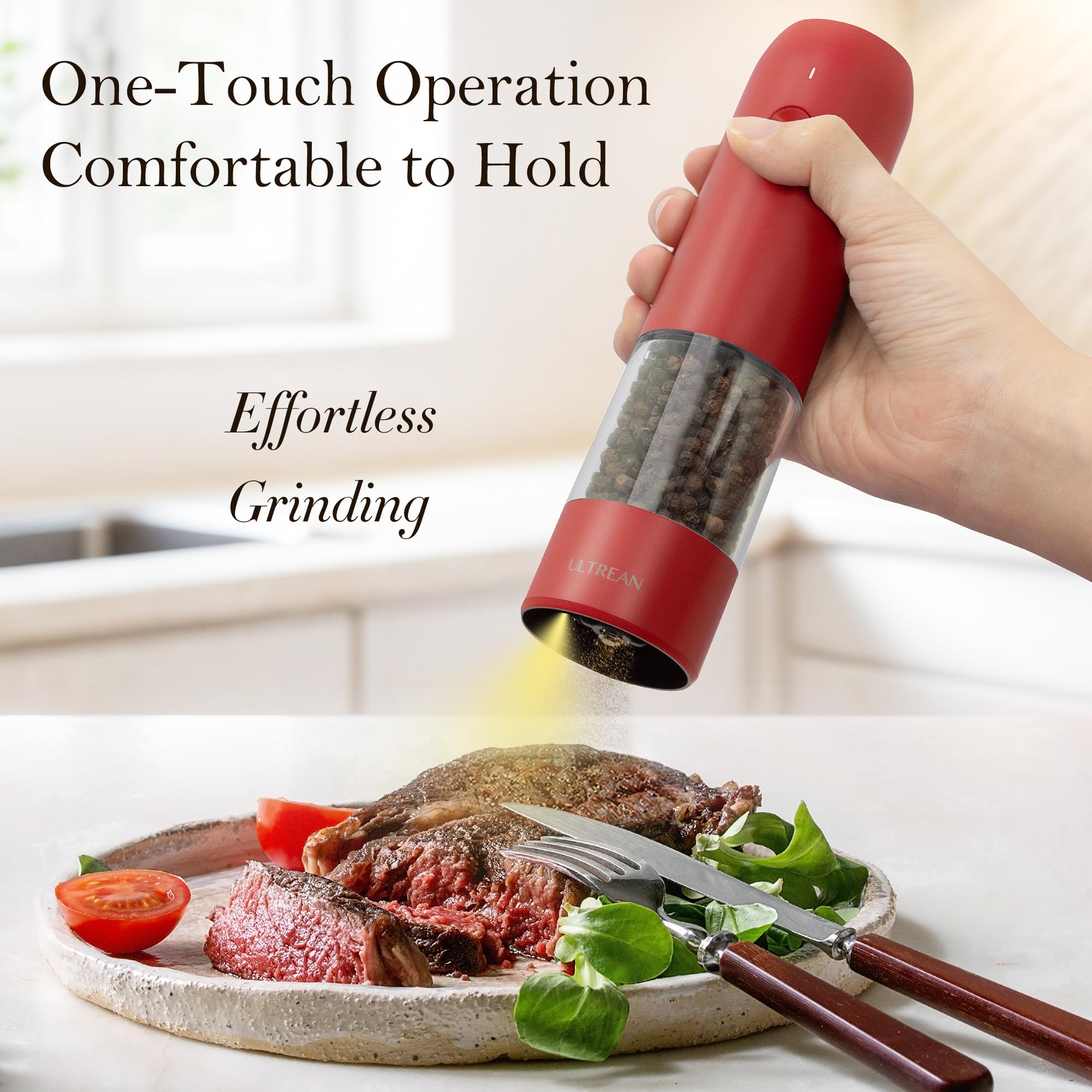 Ultrean pepper grinder showing six adjustable grind settings for customizable texture.