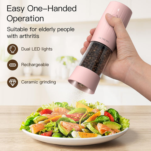 Ultrean electric salt and pepper grinder set with LED light for tabletop visibility.