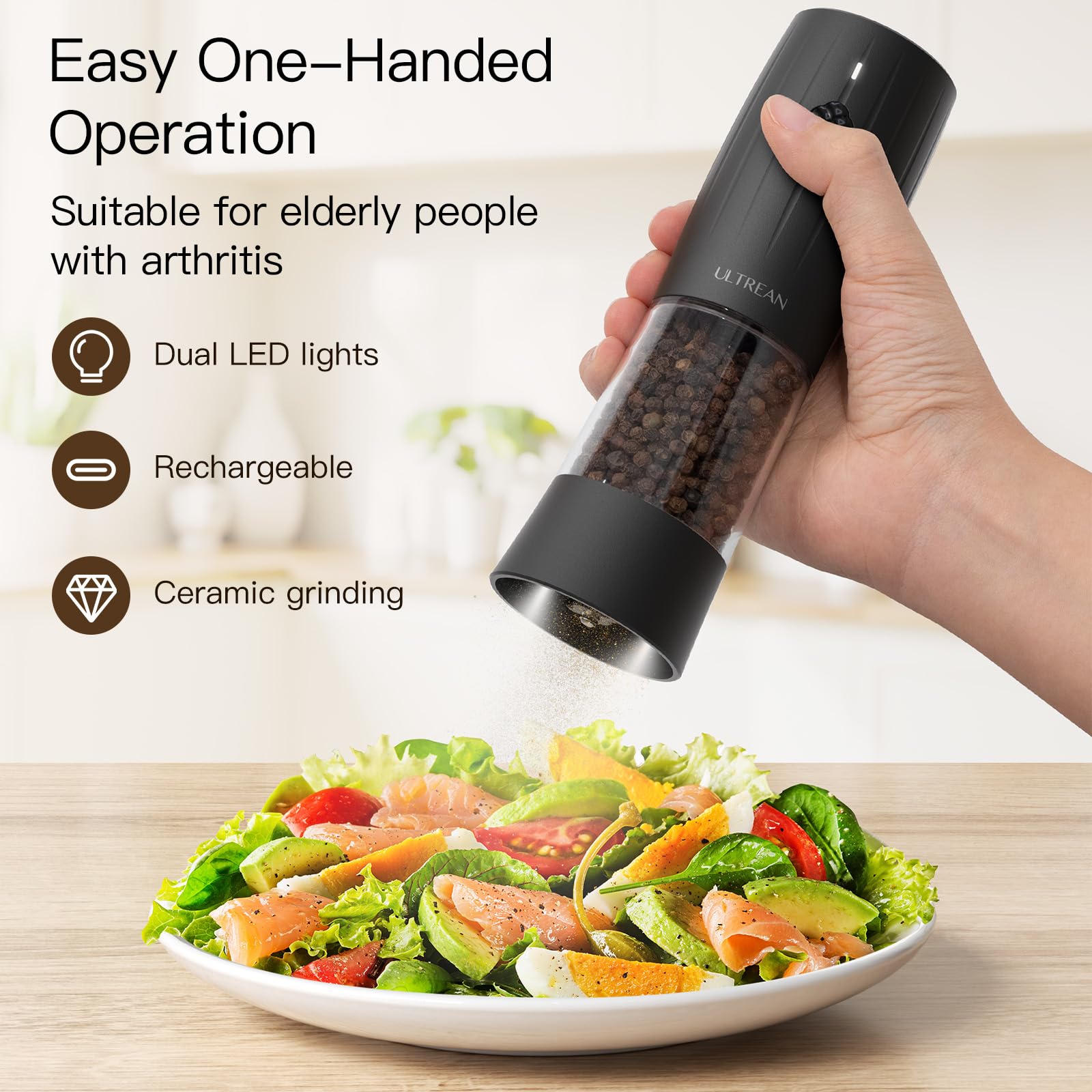 Ultrean adjustable-grind grinder with ceramic core offering six settings for precise texture.