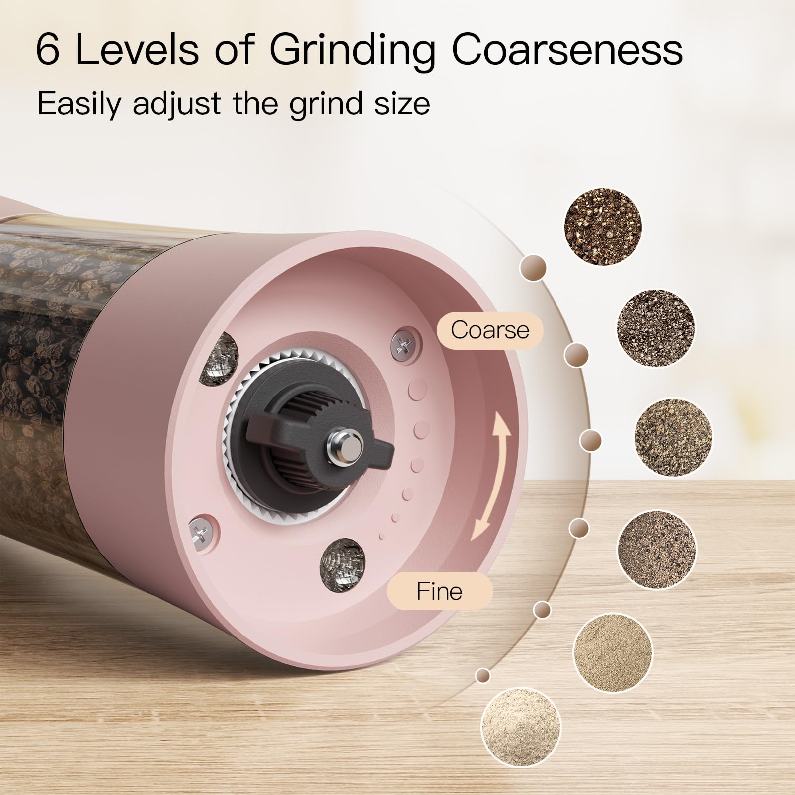 Ultrean grinder with ceramic core offering six grind settings for precise texture.