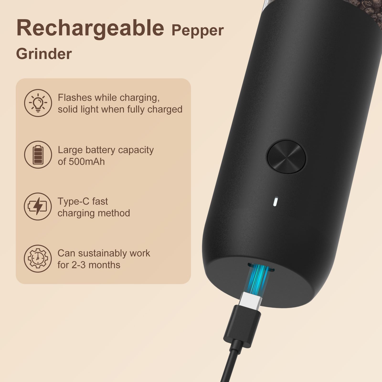 Ultrean pepper grinder’s ceramic core preserves aroma during grinding.