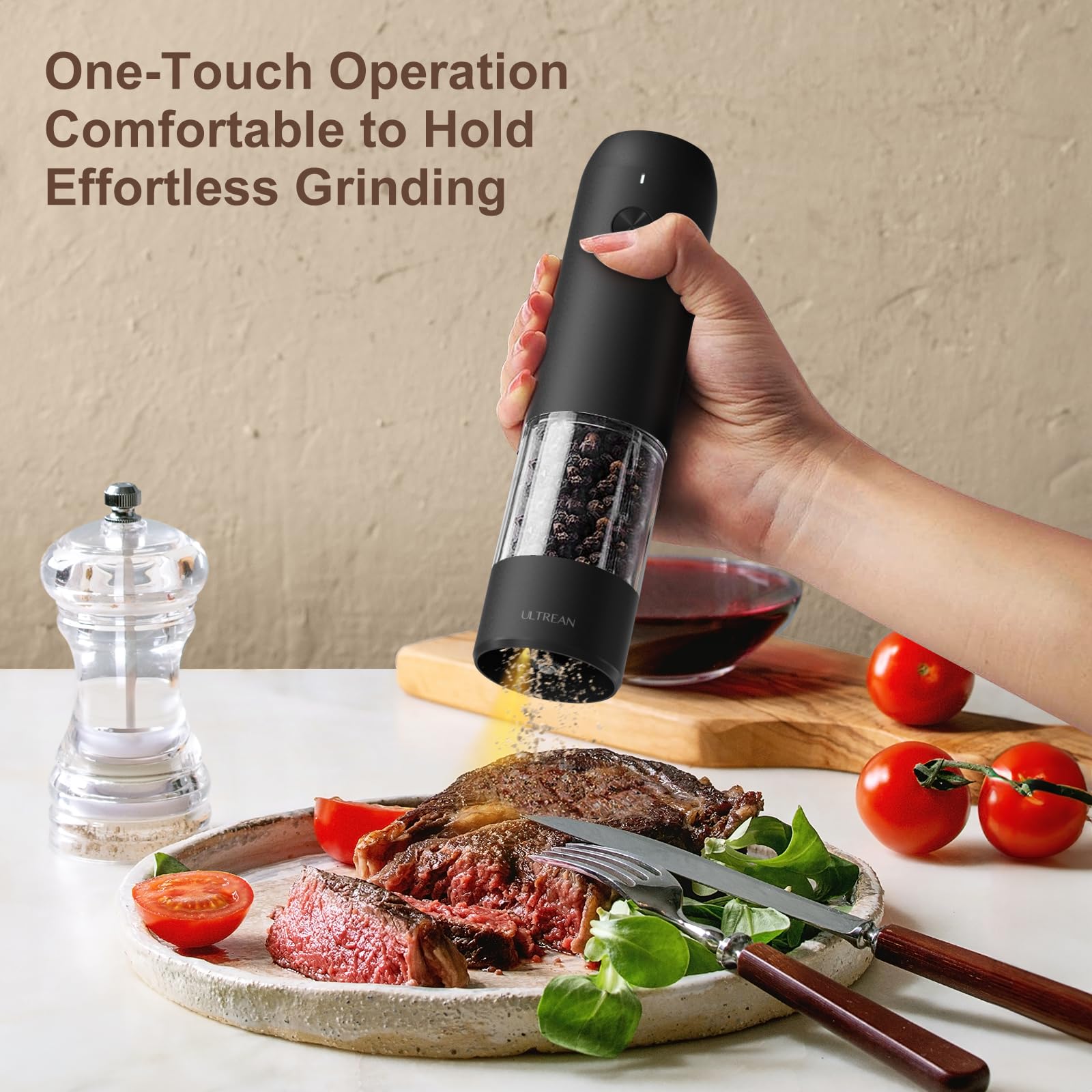 Ultrean pepper grinder with LED light for easy seasoning in dim kitchens.