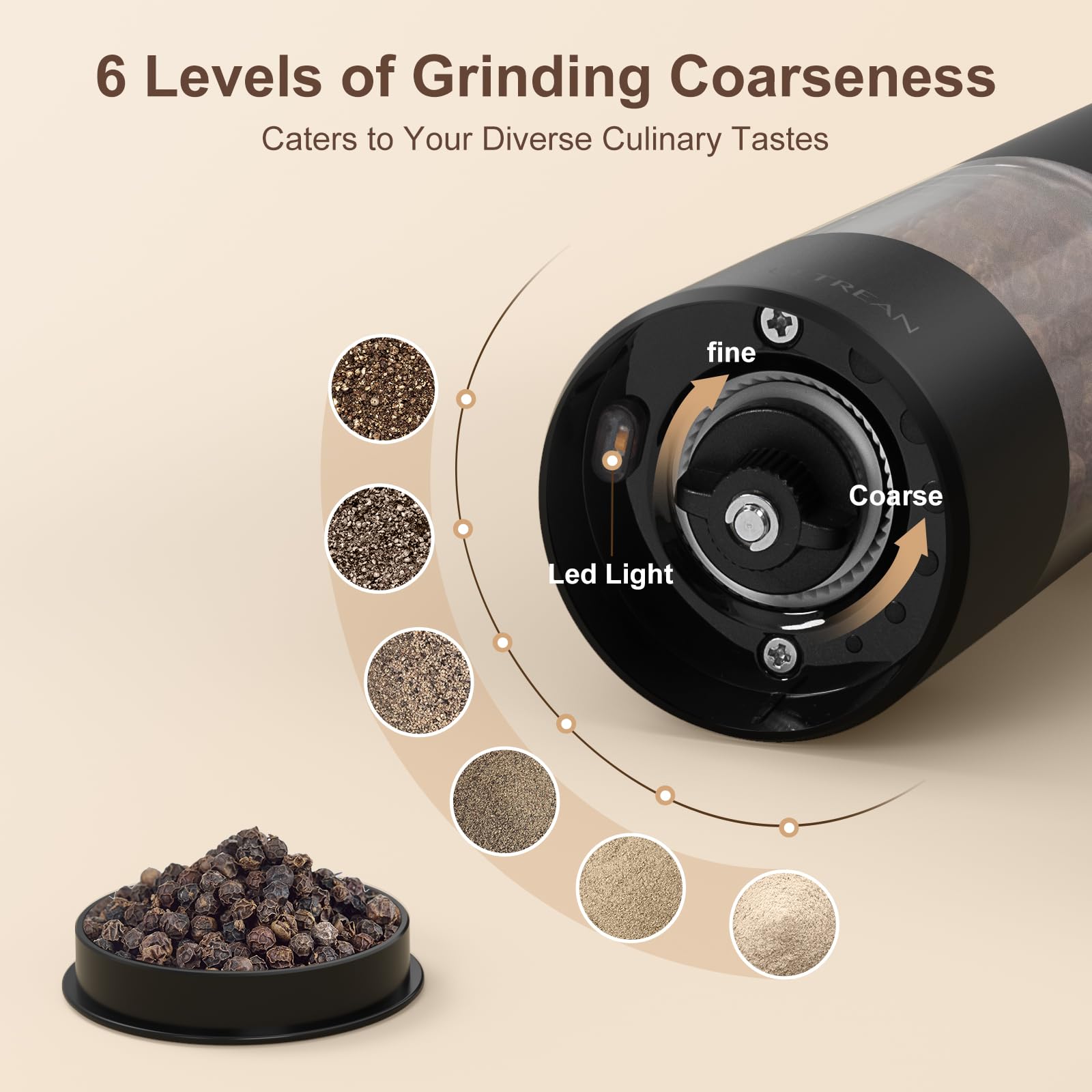 Ultrean pepper grinder offers six settings for customized grinding.