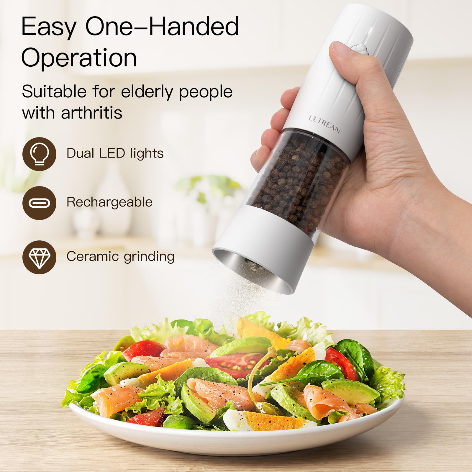 Ultrean rechargeable pepper mill with LED light for precise seasoning in dim rooms.