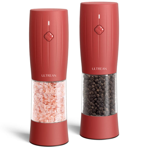 Ultrean salt and pepper grinder set in crimson red with USB-C charging for easy, on-demand seasoning.
