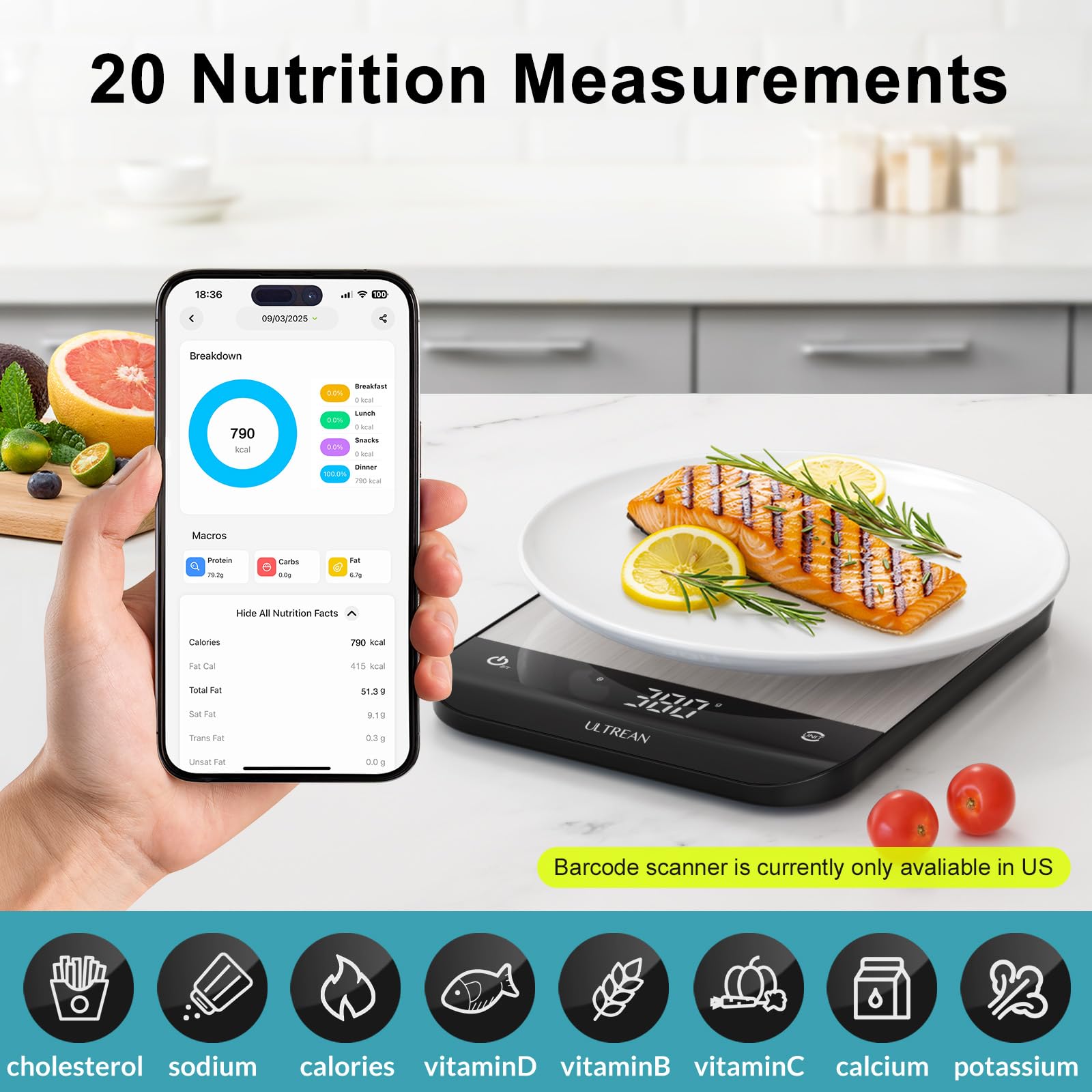 Ultrean scale with app sync tracks nutrients for smarter meal planning.