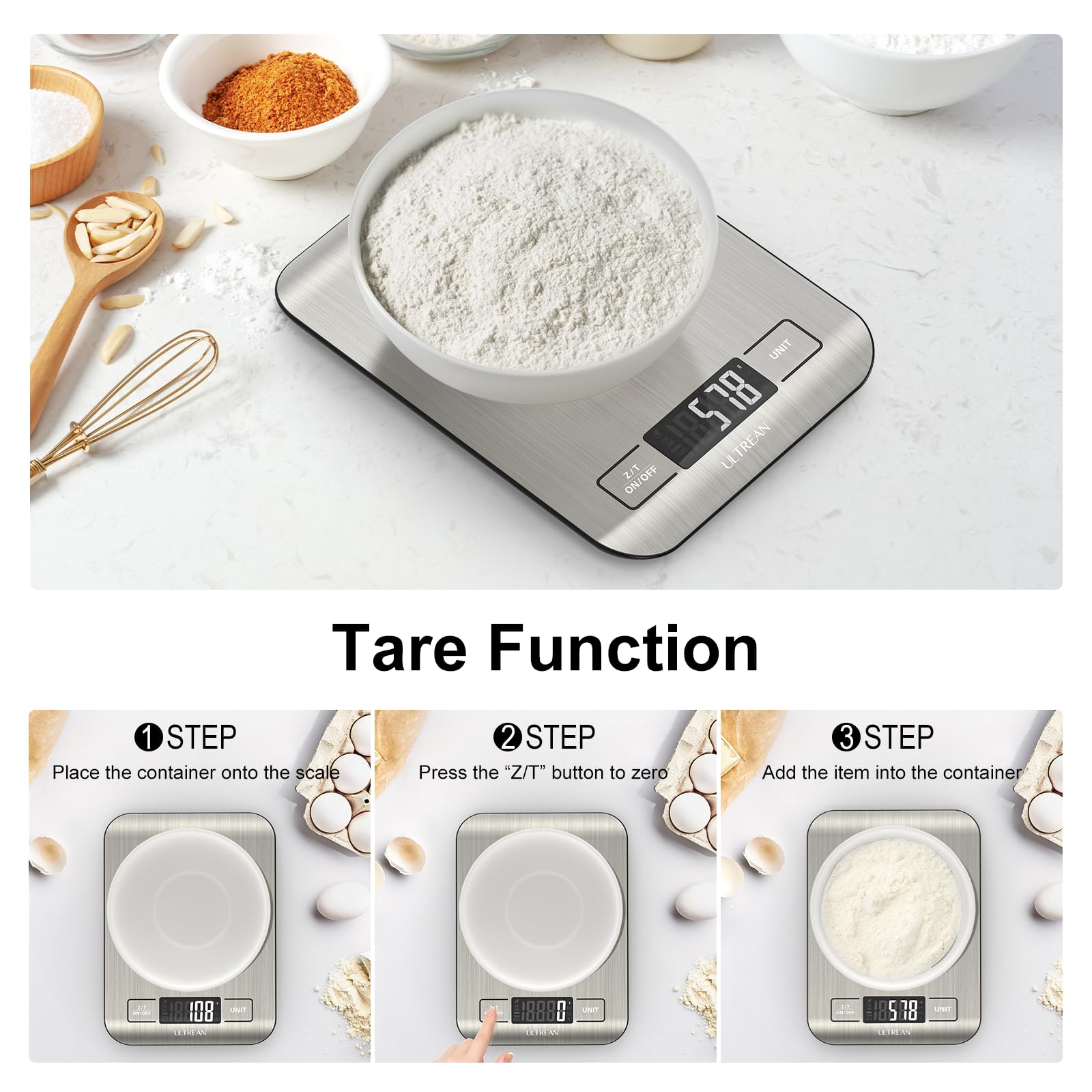 Ultrean scale delivers precise 1 g increments for accurate ingredient weighing.