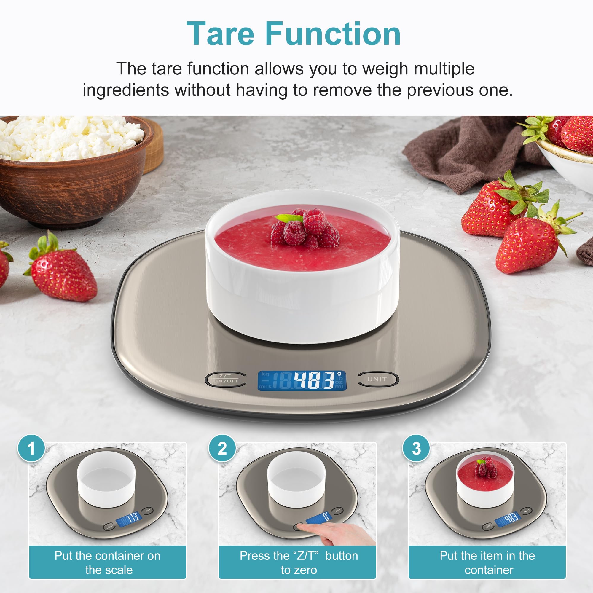Ultrean scale displaying six units: g, kg, lb, oz, ml, milk for versatile cooking.