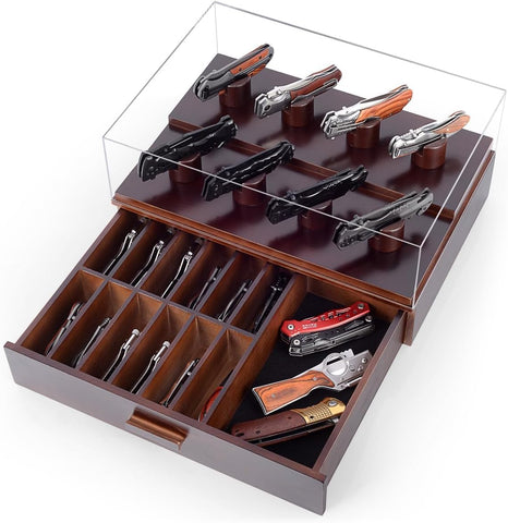 ULTRGEE display case upper tier with 8 pillars showcases knives beautifully.