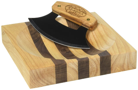 The ULU Factory knife stand keeps the curved knife safely displayed.