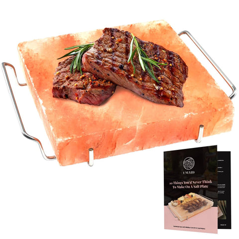 UMAID Himalayan salt block on stainless steel holder for grilling and serving