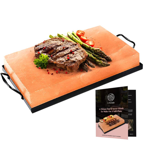 UMAID Himalayan salt block plate 12x8 ready for elegant serving and enhanced flavors.