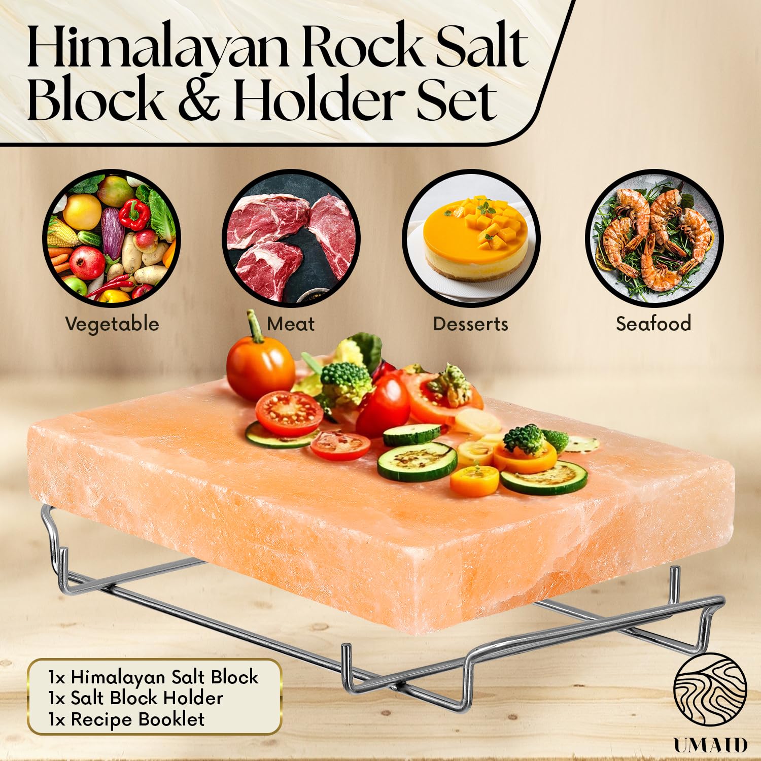 UMAID Himalayan salt block used as a serving plate with natural pink crystals.