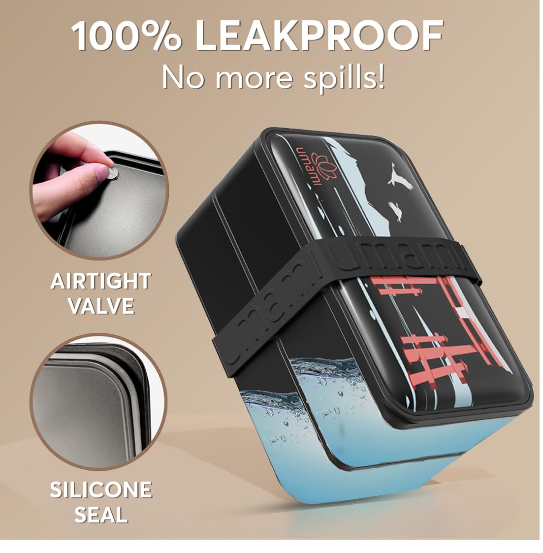 Umami Bento Box 100% leakproof seal to prevent spills during transport.