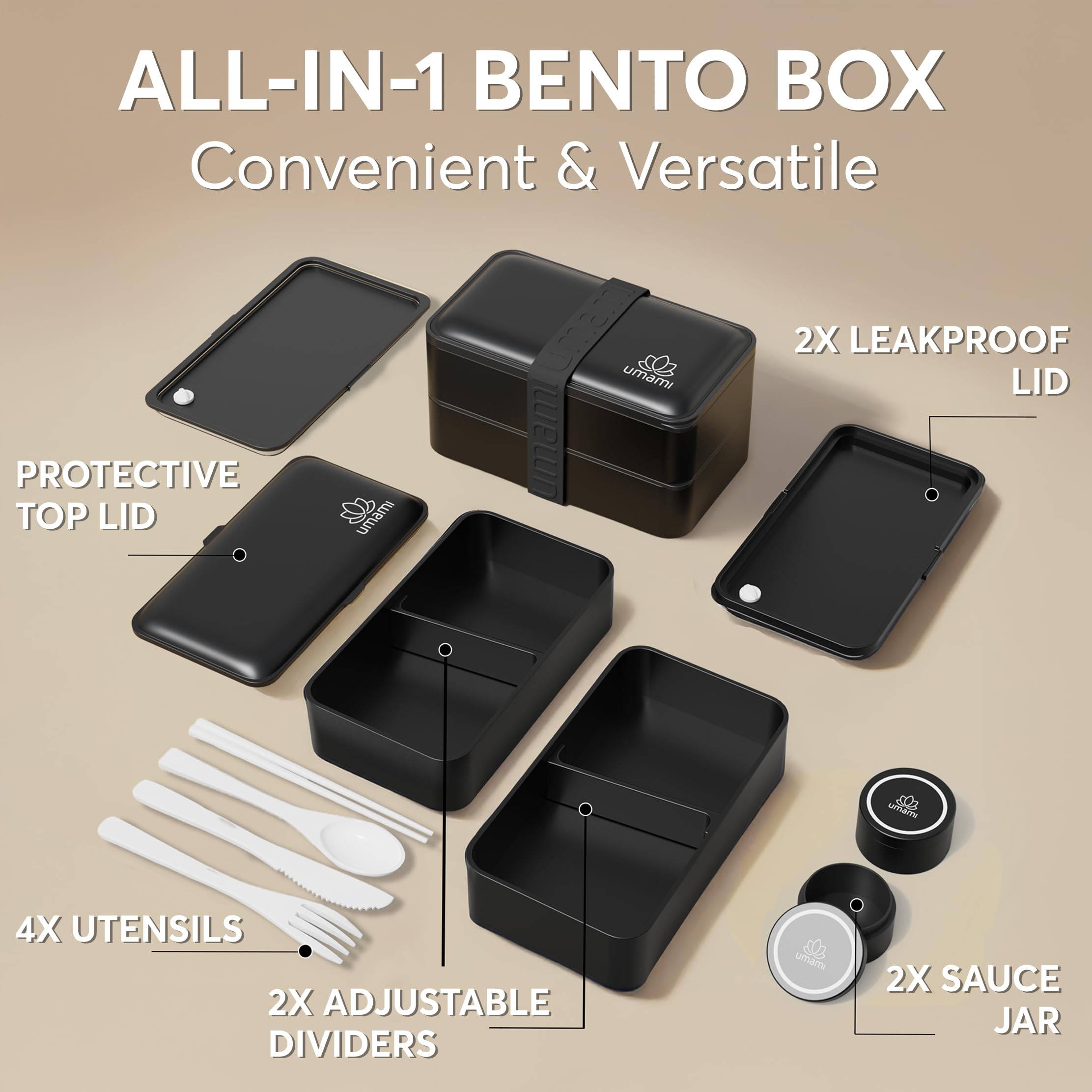 Umami Bento Box with two sauce jars for dipping and dressings on the move.
