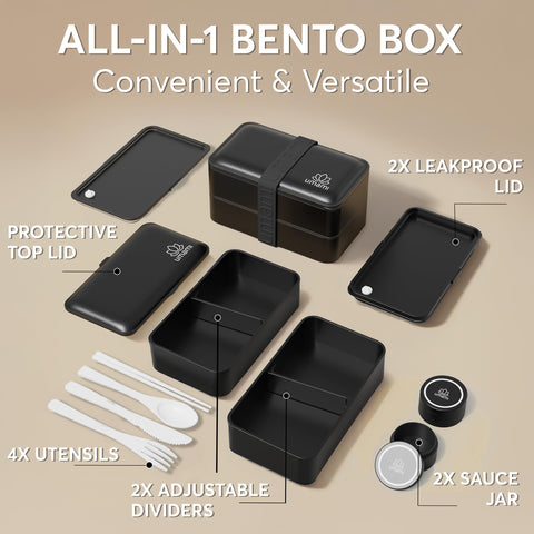 Umami Bento Box with two sauce jars for dipping and dressings on the move.