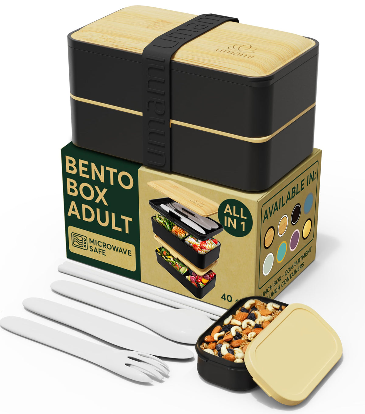 Umami Bento Box with all-in-one setup and utensils for organized, on-the-go meals.