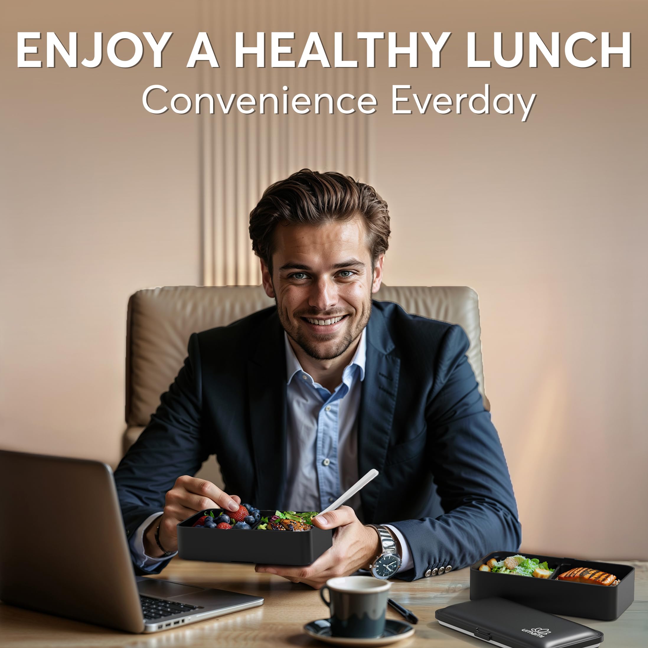 Matte black Umami Bento Box stacked for efficient, space-saving lunch storage.