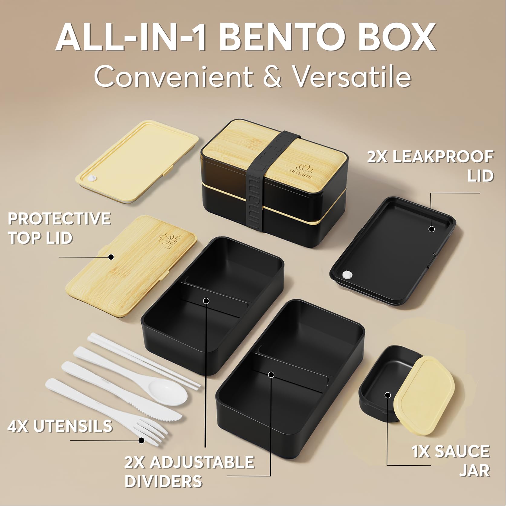 Umami Bento Box two-layer design with leakproof seal keeps meals neat.
