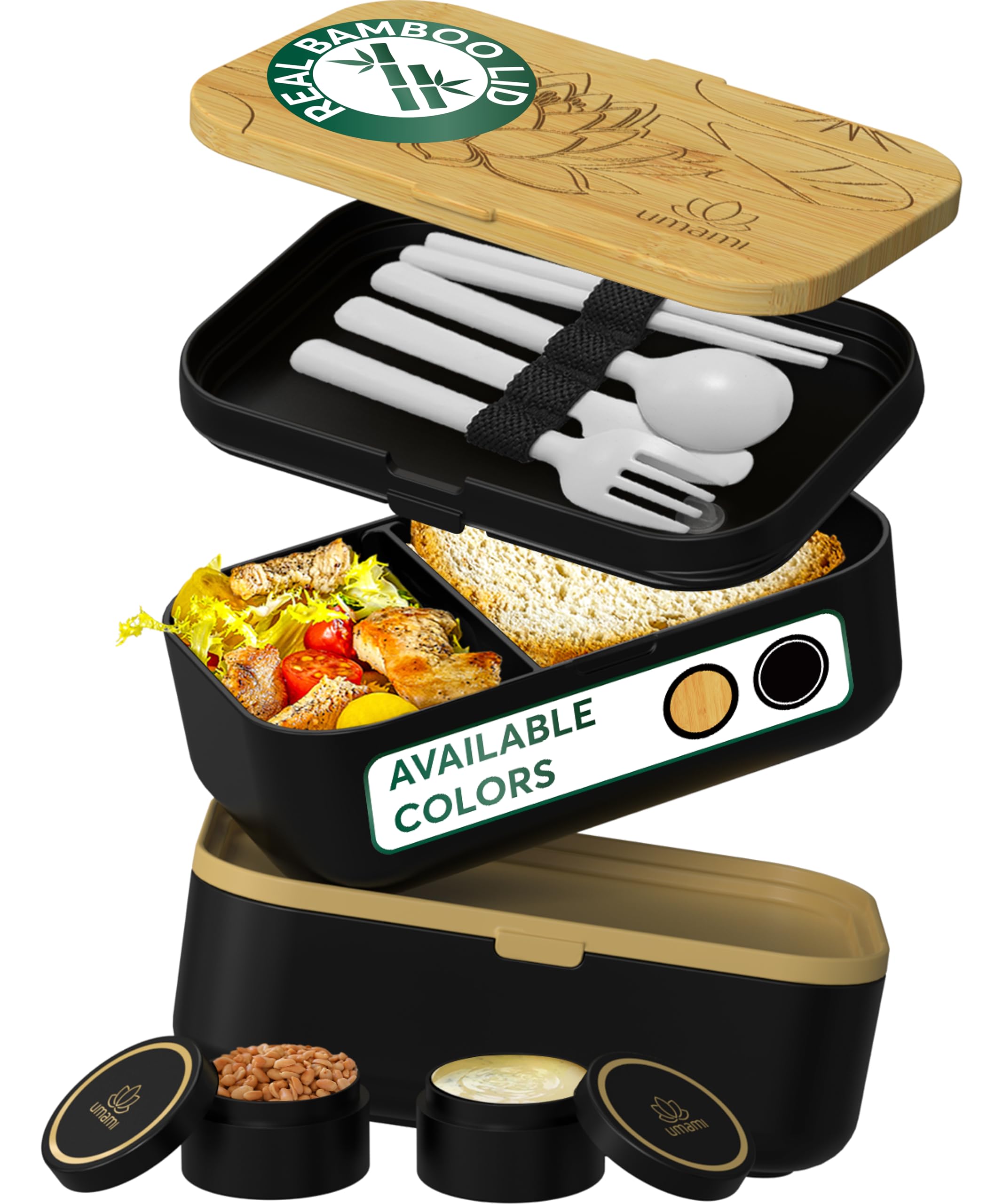 Umami Bento lunch box with Black Lotus lid, showing a secure leakproof design.
