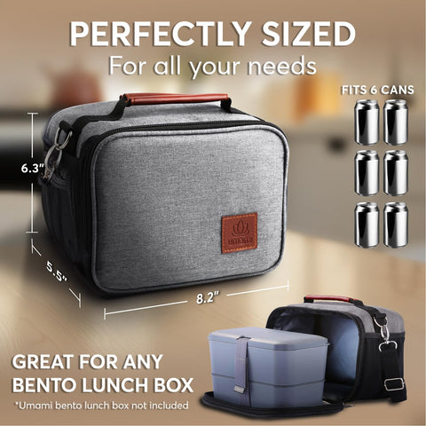 Umami lunch box gray adjustable strap for hands-free, comfortable transport.